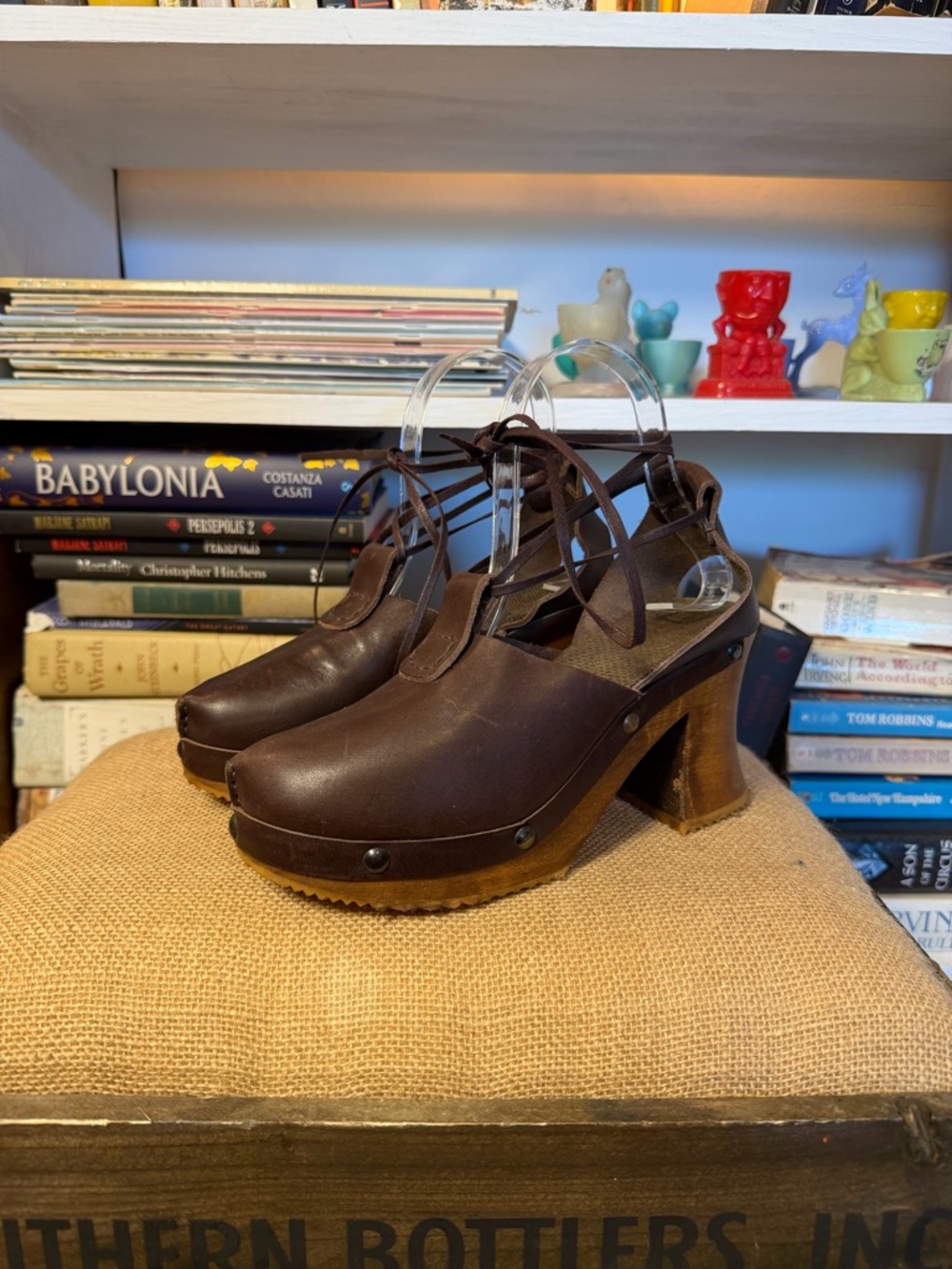 Brown Leather Platform Clog Heels with Ankle Straps